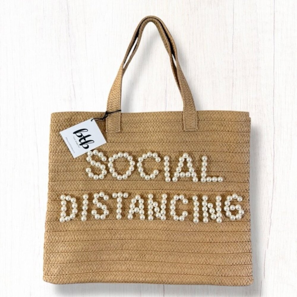 NWT Beyond the Beach Social Distancing Straw Tote Pearl Embellished Bag